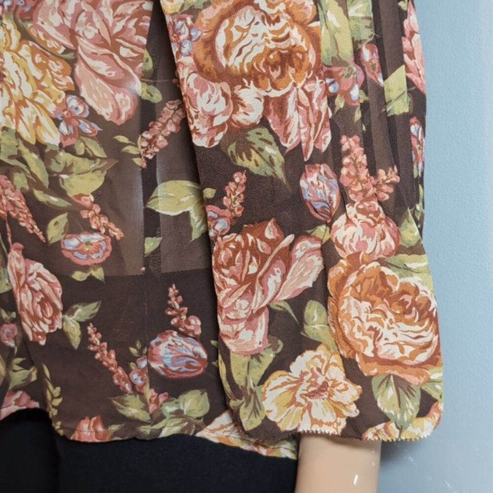 CAbi Pure Silk Top Floral Pintucked Velvet Buttoned Shirt Brown Womens Medium - Picture 7 of 14